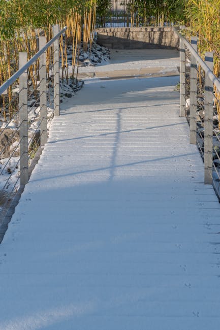Žieminis įėjimo takas su tirpstančiu sniegu ir išbrėkstančiu ledu