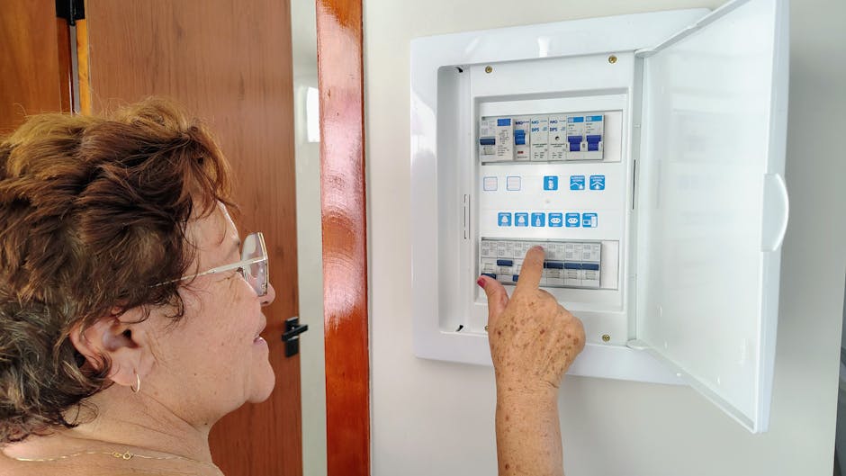 Šviesiame koridoriuje atidaryta skydinė su automatiniais jungikliais, tikrinama elektros sauga.