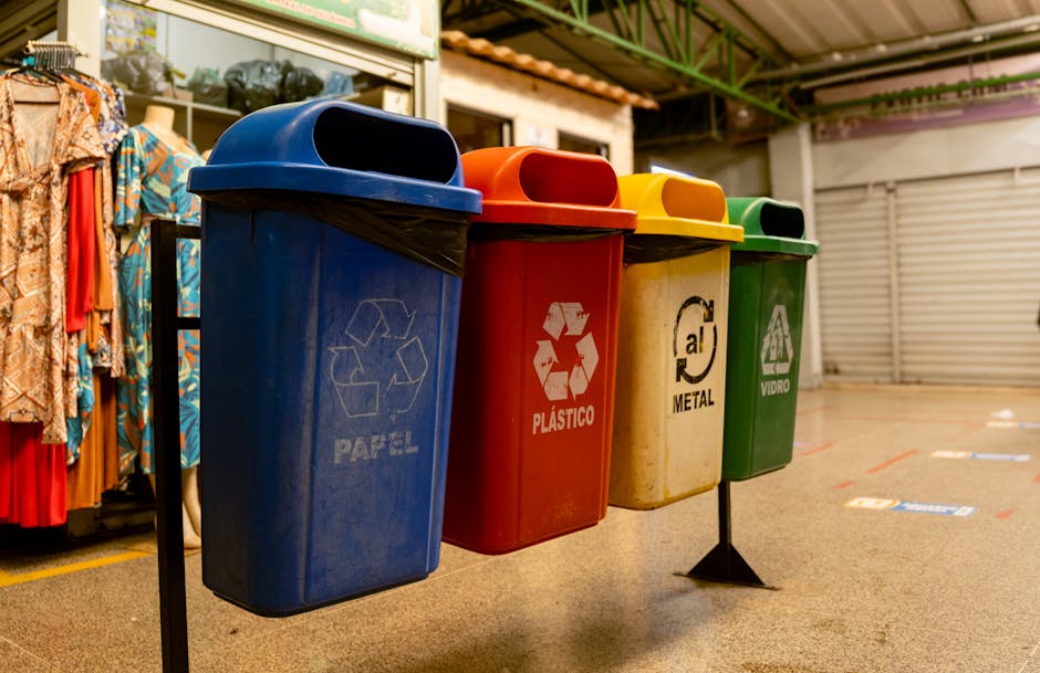 Asmuo rūšiuoja popierių, plastiką ir stiklą į skirtingus konteinerius virtuvėje